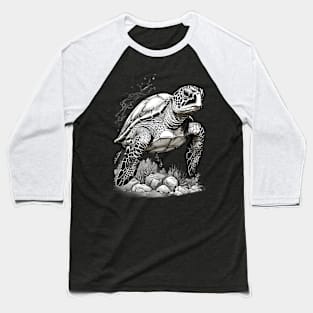 Black and White Green Sea Turtle Design Baseball T-Shirt